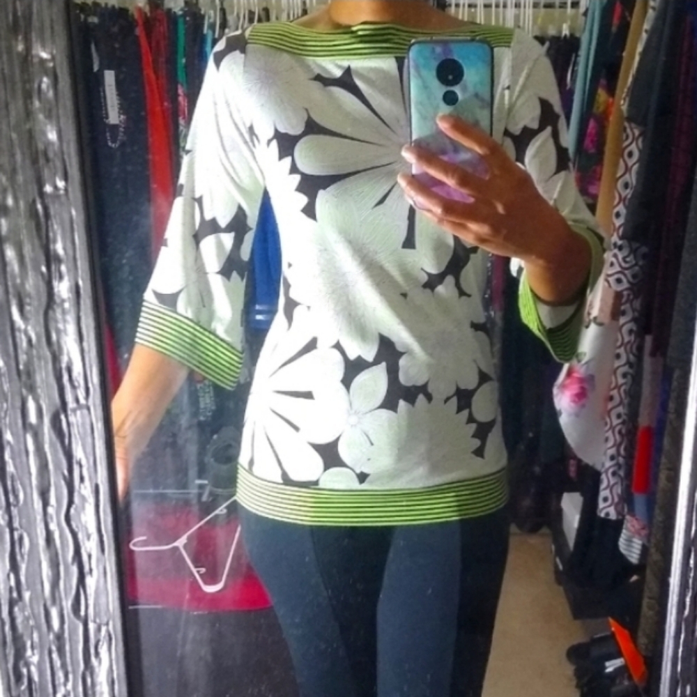 Cocomo Black and White Floral Blouse with Green Accents